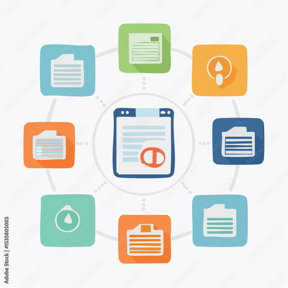 Poster colorful circular diagram illustrating data management and document processing in a design