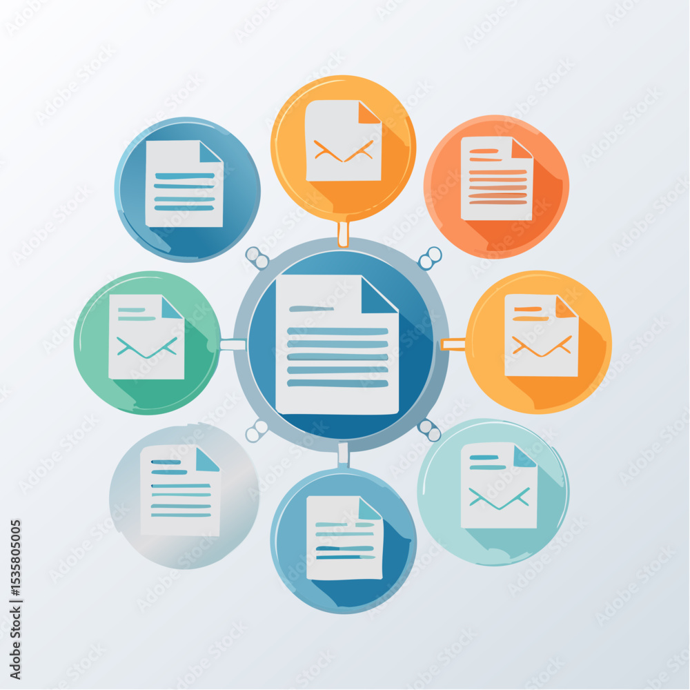 Poster abstract illustration of document management and communication in a circular design