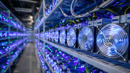 Rows of high-powered crypto mining GPUs shimmer under neon lighting, the digital heat visibly managed by large industrial cooling vents and fans