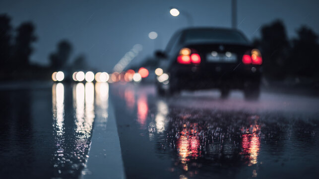 A car navigates a waterlogged road during a rainstorm, with reflections of streetlights shimmering on the surface