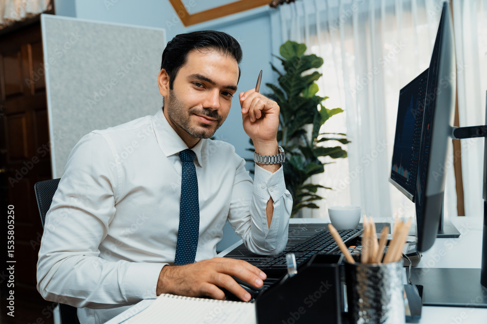 Poster profile of successful in smiling trader businessman looking at camera with two stock exchange invest