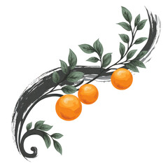 Decorative illustration features three vibrant oranges with lush green leaves, elegantly arranged on swirling, artistic black vine. design exudes fresh and artistic charm