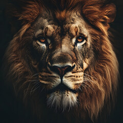 Naklejka premium Close-up portrait of a lion's face, showcasing its intense gaze and magnificent mane. The dark background emphasizes the animal's features.