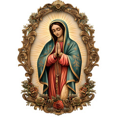 Virgin Mary depicted in an ornate gold frame, adorned with flowers; she is shown praying, wearing a teal cloak and red robe.