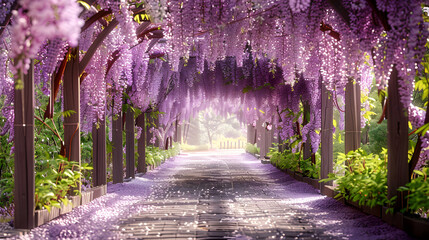 A path lined with wisteria flowers creates a purple tunnel; sunlight filters through the blossoms.