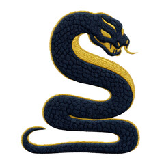 Obraz premium Coiled snake with menacing expression is depicted in stylized, embroidered design, featuring dark and gold colors. snake tongue is extended, adding to its fierce appearance
