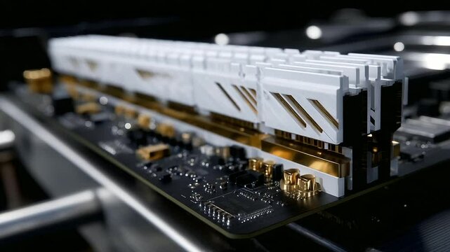 Side-lit profile of RAM modules with metallic heatsinks, emphasizing minimalist design and technological sophistication