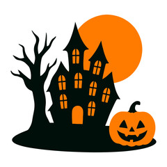 Spooky Halloween Silhouette with Haunted House, Pumpkin and Full Moon. 