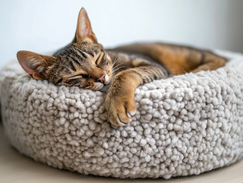 Cat sleeps peacefully in a soft cozy bed, relaxed and comfortable in a warm indoor setting.