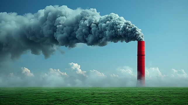 A single red smokestack releases a massive plume of smoke over a green field under a blue sky.