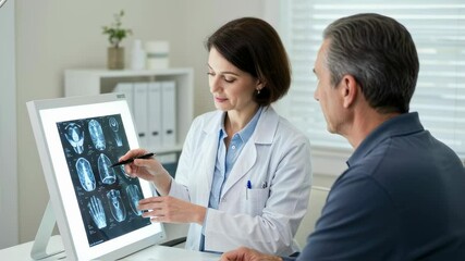 Doctor analyzing brain scans with patient in modern medical office
