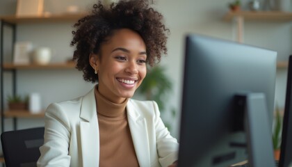 Smiling woman working on a computer in a modern office