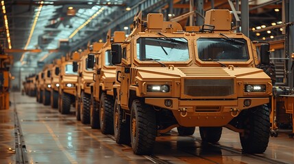 A row of armored vehicles is assembled inside a spacious, high-tech factory hall