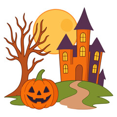 Spooky Halloween Silhouette with Haunted House, Pumpkin and Full Moon. 