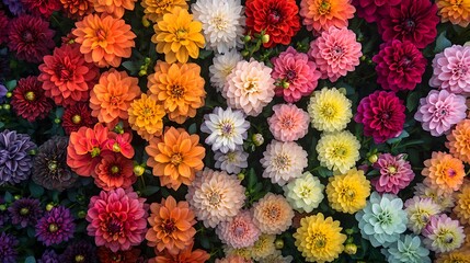 Vibrant dahlia flower arrangement displaying various colors and textures in a garden setting