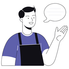 Young man with apron waves and has a speech bubble near him
