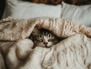 Cat sleeps curled up in a cozy knitted blanket, warm and peaceful indoor scene.