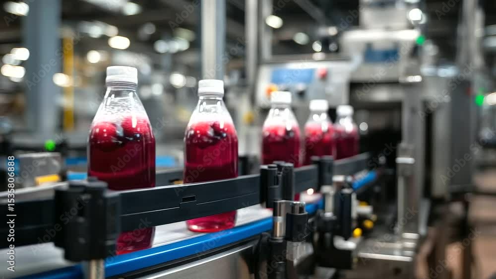 Poster strawberry and raspberry juice bottles emerge from the filling chamber, neatly aligned in perfect ro