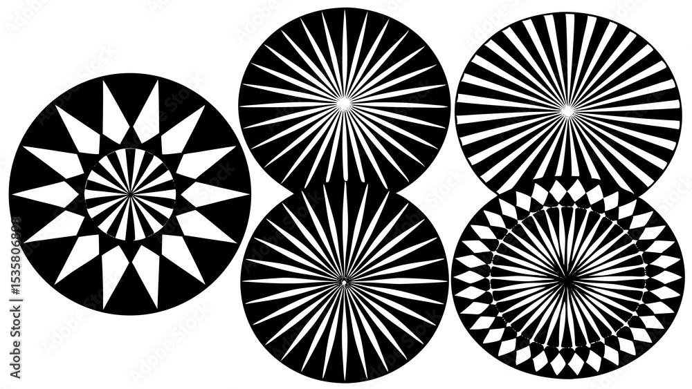 Poster a collection of abstract circular black and white radial designs creating a pattern on a clean white