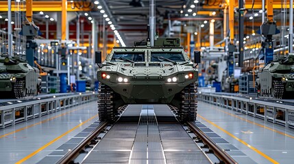 A modern armored vehicle is displayed on the production line of a state-of-the-art factory.