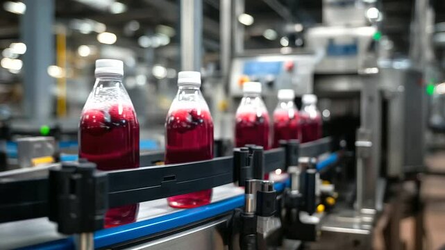 Strawberry and raspberry juice bottles emerge from the filling chamber, neatly aligned in perfect rows on automated conveyors