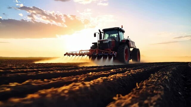 Agricultural machinery applying liquid fertilizer to plowed field at golden sunset, ensuring optimal crop yield and sustainable farming practices.