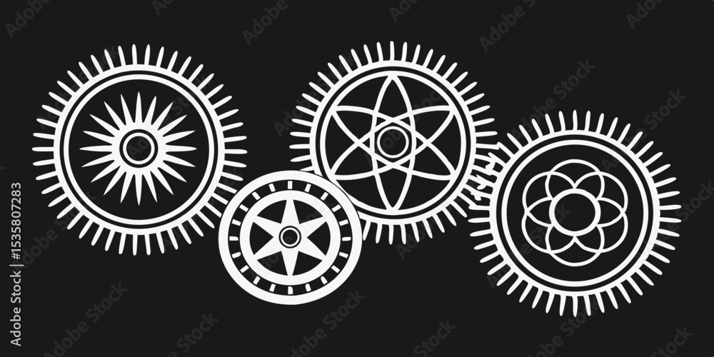 Poster five circular abstract designs in black silhouette style featuring ornate patterns with symmetry and
