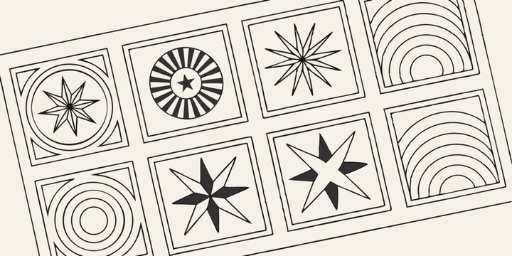 Geometric pattern with stars and circular designs on a transparent background ideal for graphic design