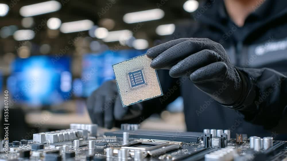 Poster technician’s hand with an anti-static wrist strap holding a processor chip mid-air, ready to drop it