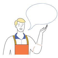 Young smiling blond man wearing apron presents something in a blank blue speech bubble