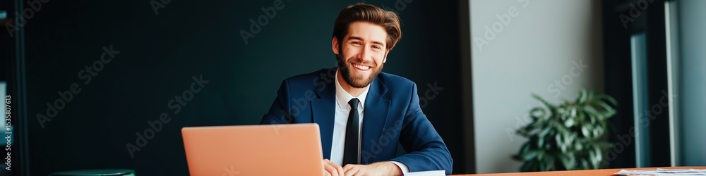 Poster a man in a suit is sitting at a desk with a laptop in front of him. he is smiling and he is happy