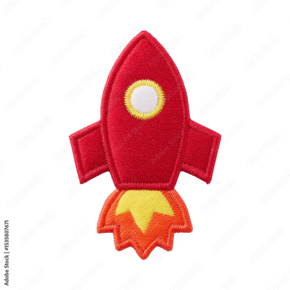 Poster vibrant red rocket patch with yellow and orange flame design, perfect for adding playful touch to cl