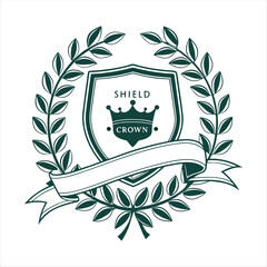 Royal Crest Shield with Crown and Laurel Wreath Emblem Design.