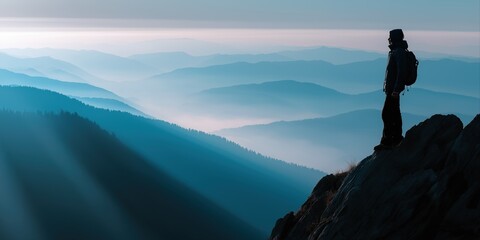 Fototapeta premium A man stands on a mountain top with a backpack. The sky is blue and the mountains are in the background