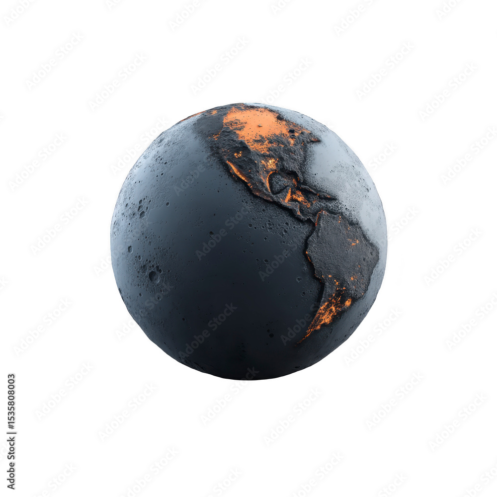 Aufkleber digitally rendered image of earth with dark, moon like texture and highlighted orange landmasses, cr