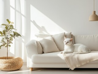 Japanese Bobtail cat lies relaxed on light sofa in cozy, sunlit room with warm natural light.
