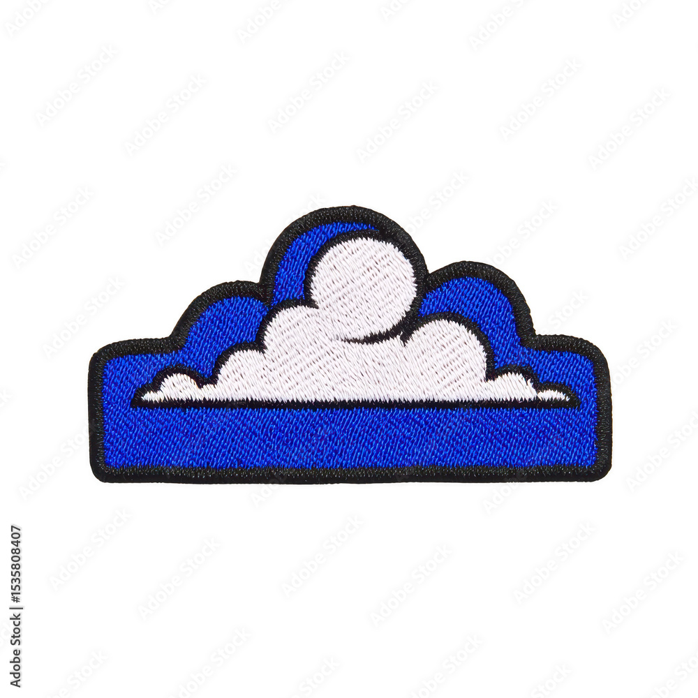 Poster blue and white embroidered patch features cloud design with circular element above it, set against t