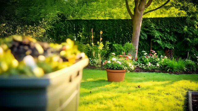 Close-up of a green compost bin filled with organic food waste, set against a sunlit garden background