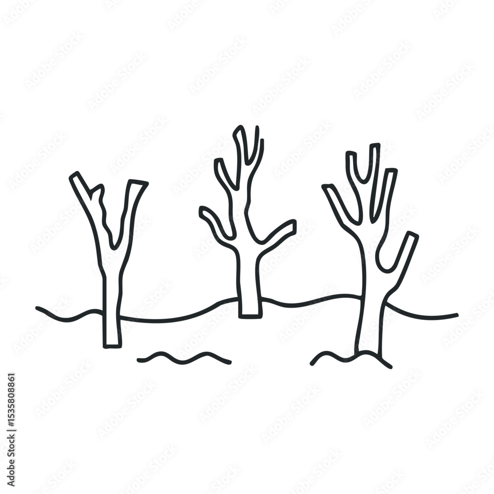 Poster simple line drawing of three bare trees with wavy ground – stock vector icon in line drawing style