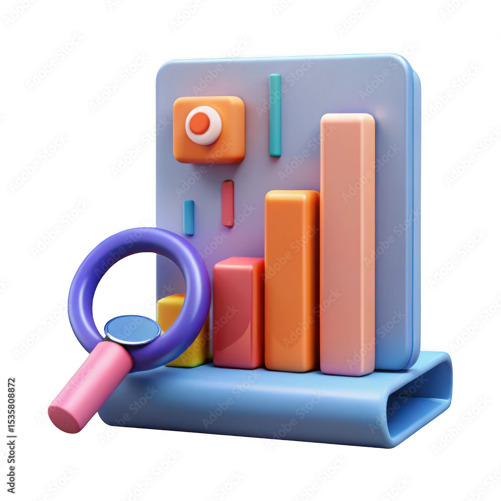 Poster 3d colorful data analysis chart with magnifying glass isolated on transparent background