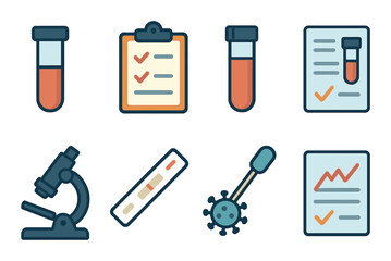 Medical test and lab icons set – flat, healthcare diagnostics and analysis symbols