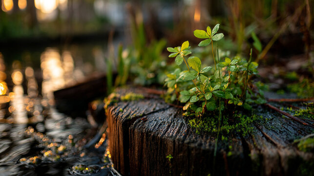 Close up of a weathered tree stump with green plants growing near the water edge in soft light.