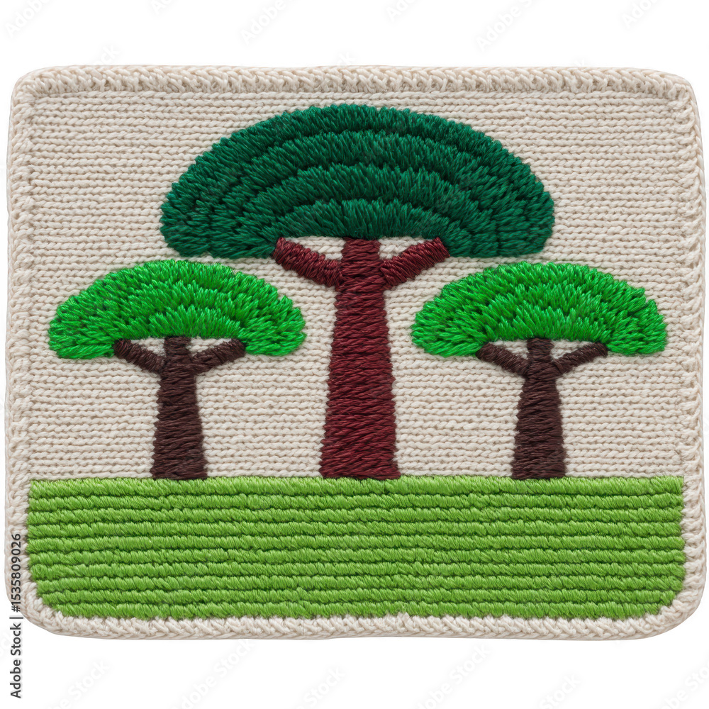 Poster square embroidered patch features three stylized trees with green canopies and brown trunks on beige