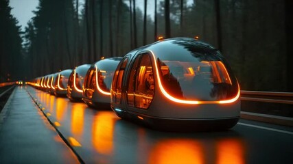 Autonomous pods travel in a convoy on a wet road through a forest at night