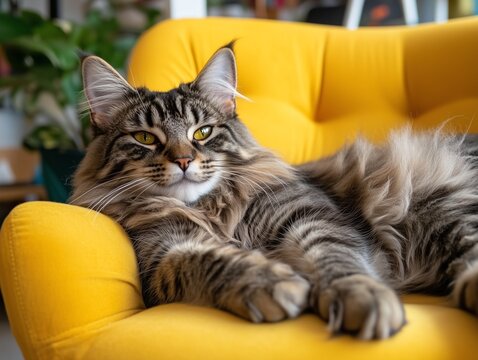 Content Maine Coon cat lies comfortably in a bright yellow chair, cozy and relaxed indoors.