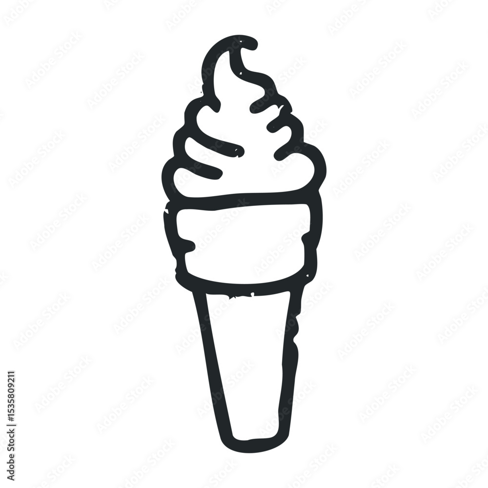 Poster hand-drawn ice cream cone with swirled soft serve design – stock vector icon in line drawing style