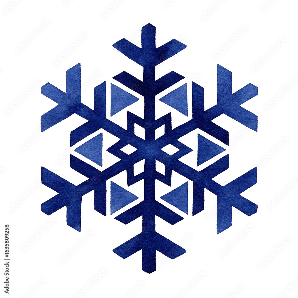 Poster blue geometric snowflake design with intricate patterns, set against transparent background, evokes 