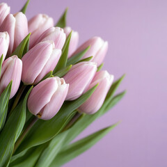 Obraz premium Celebrate Mother's Day with beautiful purple tulips on a soft lavender background perfect for heartfelt messages. concept of background for postcard, banner, flyer