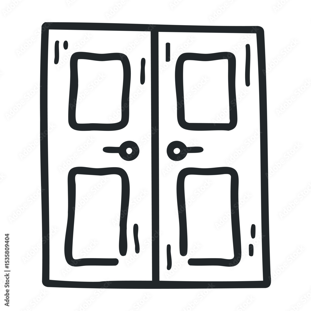 Aufkleber simple line drawing of a double door with four panels and handles – stock vector icon in line drawin