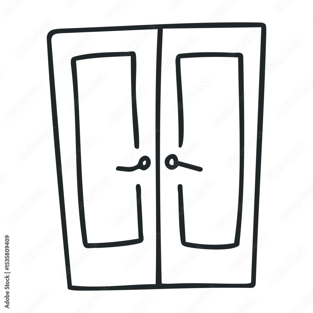 Poster simple line drawing of a closed double door with handles – stock vector icon in line drawing style